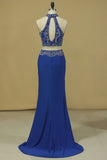 2024 Two Pieces High Neck Beaded Bodice Spandex Prom Dresses Dark P2STSY3Y