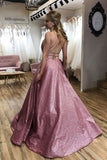 Unique A line Pink Sequins Spaghetti Straps Prom Dresses, Evening STI20450