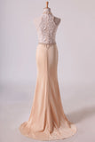 2024 High Neck Prom Dresses Sheath Lace & Spandex Sweep PC7ZB72X