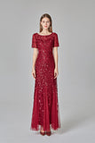 Elegant Mermaid Burgundy Tulle Prom Dresses Round Neck Long Evening Dresses STI15176