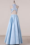 2024 Two Pieces Prom Dresses Satin With Applique Floor Length PGLPDMRY