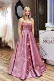 Unique A line Pink Sequins Spaghetti Straps Prom Dresses, Evening STI20450