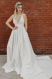 Simple Pleated Deep V White Wedding Dress PYMPE96E