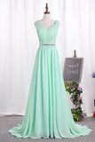 2024 V Neck A Line Ruched Bodice Beaded Waistline Chiffon Bridesmaid Dresses PA77L7NZ