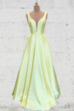 Unique A Line Yellow Satin Prom Dresses with Pockets, Simple Formal STI20452