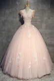 Tulle Long Prom Dress With Flowers Princess Ball Gown Sheer Neck PAE4THCL