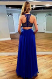 Sparkly 2 Pieces Royal Blue Beading Zipper Back Long Prom Dresses PLPG2FAF
