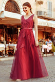 Elegant V Neck Burgundy Beads Appliques Lace Evening Dresses, Long Prom Dresses STI15211