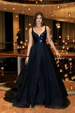 2024 A-Line V-Neck Dark Blue Sleeveless Satin Floor-Length Sweep Train Prom Dresses