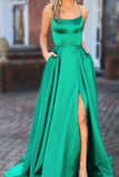 Elegant A Line Green Lace up Prom Dresses with Pockets Slit Formal Evening STI20406