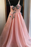 Unique A Line One Shoulder 3D Appliques Pink Tulle Long Beads Prom STI20449