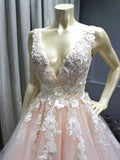 Charming Ball Gown V Neck Tulle Lace Appliques Prom Dresses, Evening STI20397