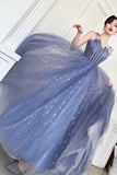 Unique Sparkle Straps Floor Length Tulle Prom Dress A Line Sleeveless PB19RQK3