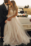 Spaghetti Straps Tulle Deep V-Neck Wedding Dresses, Romantic Bohemian Beach Bridal Dress STI15421