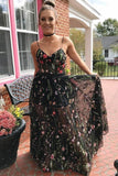 Spaghetti Straps Beautiful Long Embroidery Black Prom Dresses PPEDD131