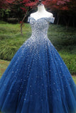 Sparkle Off The Shoulder Blue Ball Gown Prom Dresses Puffy Tulle P29895ZM