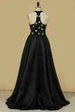 2024 A Line High Neck Satin With Beading Sweep Train Prom PE4YA7SC