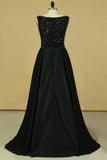 2024 Black Prom Dresses Black Bodice Scoop Satin Floor Length Beaded & PQANBK31