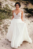 Elegant Spaghetti Straps V Neck Chiffon Backless Beach Wedding Dresses Bridal Gowns STI14976