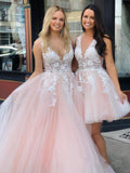 Charming Ball Gown V Neck Tulle Lace Appliques Prom Dresses, Evening STI20397