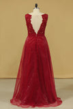 2024 Burgundy/Maroon Prom Dresses Scoop A Line With Sash And P9TEBHBF