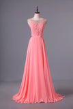 2024 Bateau A-Line Chiffon Prom Dresses With Ribbon Sweep P7SCATQT