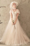 Unique Tulle Lace Long Wedding Dress Ivory Short Sleeves Lace Up Back Bridal STIPK2YQ77B