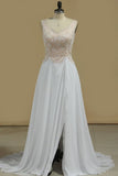 2024 A Line V Neck With Beads And Slit Chiffon Open Back PYKE58A9