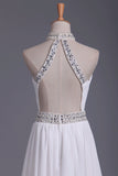 2024 Sexy Open Back Chiffon With Beads High Neck Sweep Train PM16YLR7