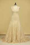 2024 Champagne V-Neck Wedding Dresses A Line Court Train With P6H7DA9C