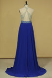 2024 Sexy Open Back Halter Beaded Bodice A Line Chiffon Sweep Train PM6YRQQ8