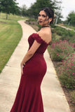 Mermaid Off the Shoulder Burgundy Prom Dresses with Slit, Lace Appliques Evening Dress STI15264