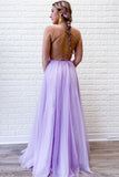 Spaghetti Straps Lavender A-Line Tulle Appliques Long Prom Dresses with Slit