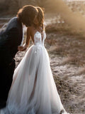 A-Line/Princess Spaghetti Straps Tulle Sweep/Brush Train Applique Sleeveless Wedding Dresses TPP0006816