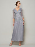 Sheath/Column V-neck 1/2 Sleeves Beading Long Elastic Woven Satin Mother of the Bride Dresses TPP0007080