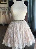 A-Line/Princess Sleeveless Halter Pearls Short/Mini Lace Two Piece Dresses TPP0008124