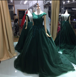 A-line Green Lace Appliques Ball Gown V-back Evening Dresses Prom Dresses