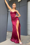 Simple Spaghetti Straps Long Prom Dresses with High Slit