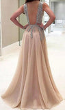 2024 A-line V-neck Nude Tulle with Slit Sexy Shinny Rhinestone Long Prom Dresses