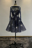 A Line Navy Blue Long Sleeve Beads Open Back Tulle Short Prom Dress Homecoming Dress