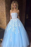 A Line Sky Blue Strapless Lace Appliques Tulle Beads Pockets Floor Length Prom Dresses