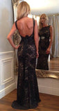 Long Prom Dresses Mermaid Scoop Neck Lace Beading Black Backless Evening Dress