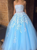 A Line Sky Blue Strapless Lace Appliques Tulle Beads Pockets Floor Length Prom Dresses